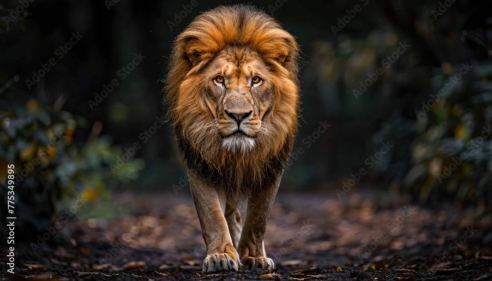 Fototapeta premium Majestic Male Lion Walking with Flowing Mane