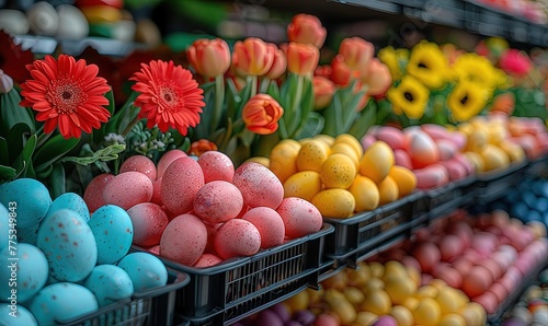 Easter Decorations Displayed on Store Shelves. Colorful Easter eggs, bunny and flowers in a store aisle.
