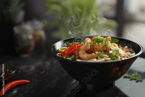 Asian food bowl with shrimp, rise, onion, paper