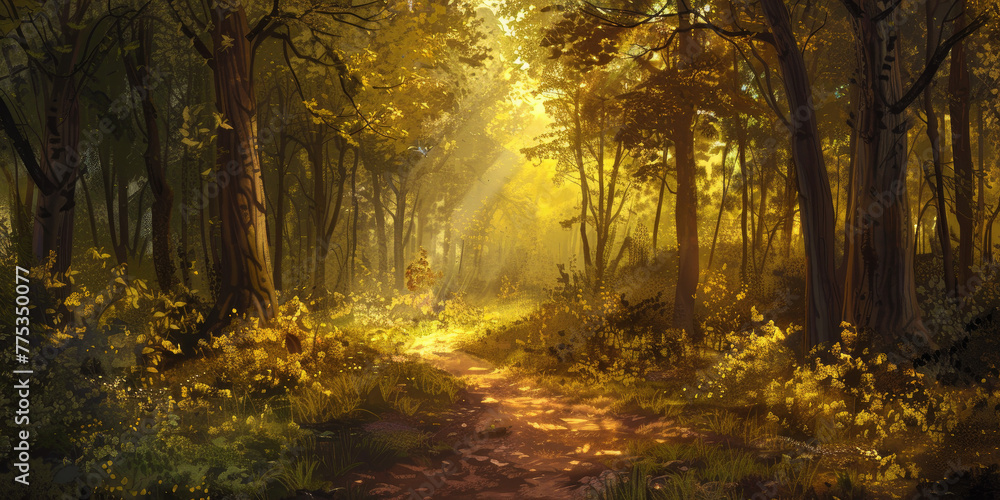 Sunlit Path Winding Through a Lush Green Forest