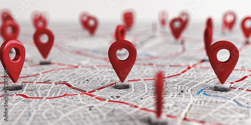 Isolated red map location icons on white background.