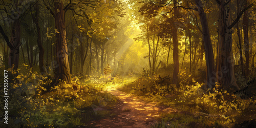 Sunlit Path Winding Through a Lush Green Forest