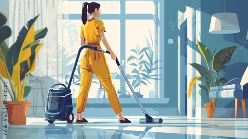 Female janitor diligently cleaning room with vacuum cleaner in atmospheric lighting, professional cleaning concept, commercial cleaning service, hygiene maintenance, industrial cleaning equipment photo