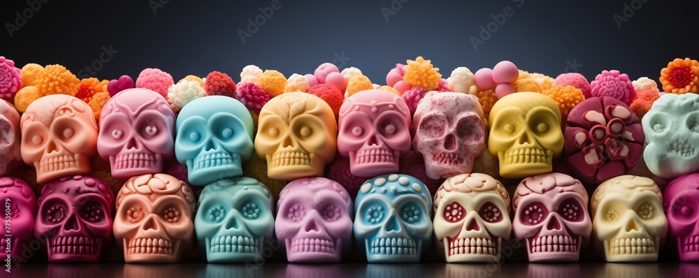 Rows of colorful sugar skulls, contrast sharply with a dark backdrop, Mexican Day of the Dead celebration