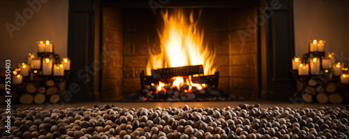 Compressed wood pellets infront of fireplace. Firewood copy space for your text. photo