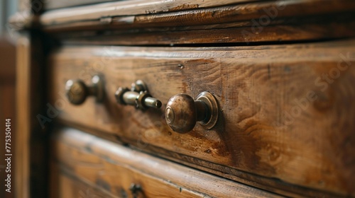Close-Up Detail of Old Wooden Cabinet with Brass Handle