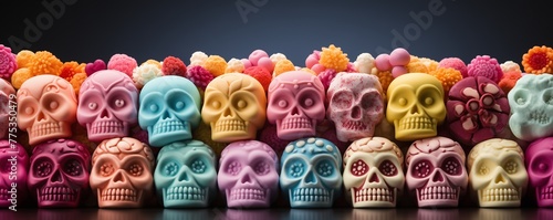 Rows of colorful sugar skulls, contrast sharply with a dark backdrop, Mexican Day of the Dead celebration