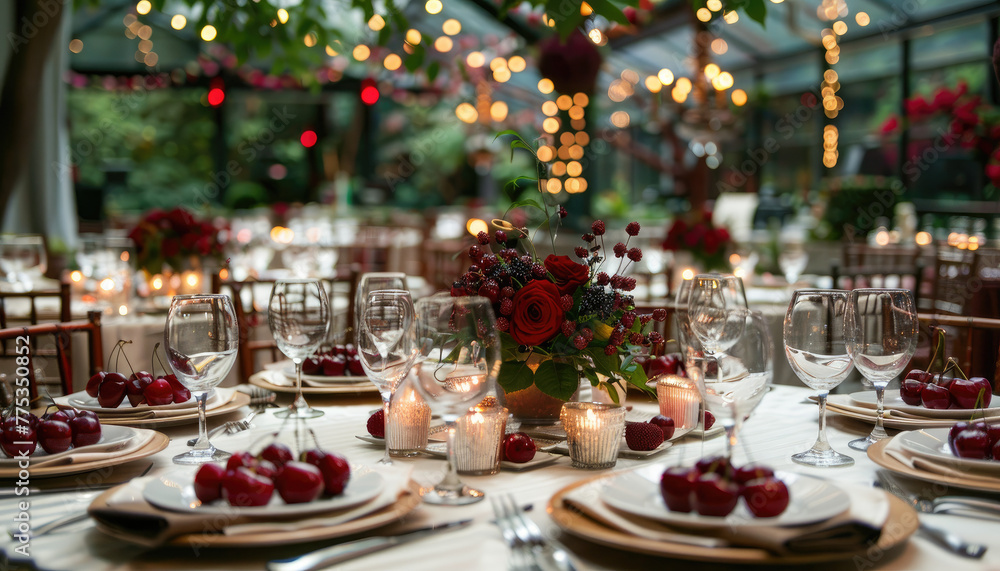 Elegant Long Table Setting with Floral Centerpieces in a Greenhouse Venue