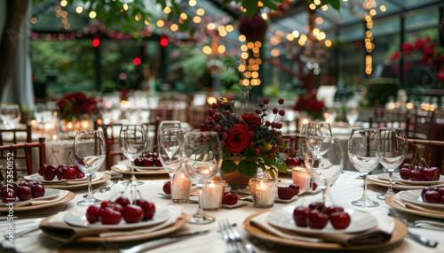 Elegant Long Table Setting with Floral Centerpieces in a Greenhouse Venue photo