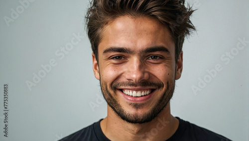 young man wearing a black t-shirt is smiling while looking at the camera on a clean white background