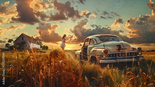Young girl on a farm in a dress standing next to a decaying old car during a beautiful sunset in the Midwest photo