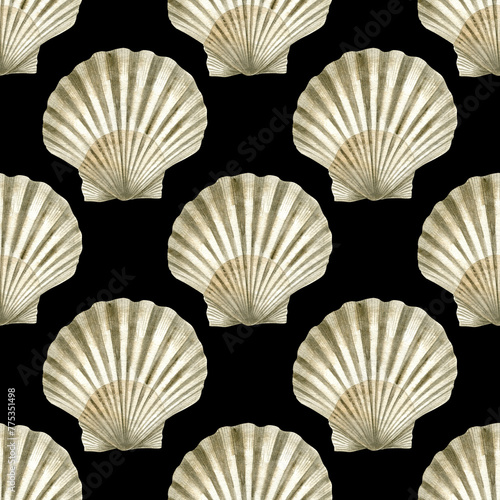 Seamless pattern of watercolor Seashell. Hand drawn illustration of sea Shell on black background. Colorful drawing of Scallop. Ocean Cockleshell marine underwater. For print decoration, fabric