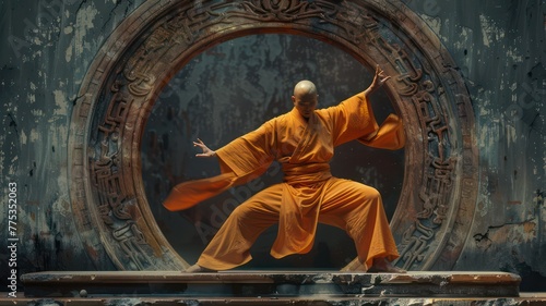 Buddhist monk making kung fu created with Generative AI