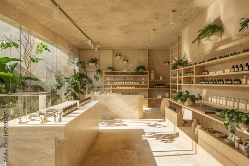 Minimalist Store Interior with Natural Wood, Plants, and Sunlight