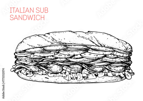 Italian sub sandwich sketch. Sandwich with lettuce, slices of fresh tomatoes, salami, hum and cheese. Hand drawn vector illustration.