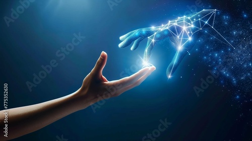 Human Hand Reaching for Hand of Robot as Symbol of Connection to AI Technology