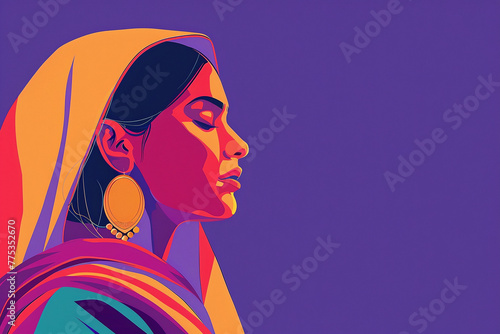 Illustration of an Indian woman in a headscarf and with gold earrings in her ears. The background is purple. simple lines, flat colors and abstract shapes.