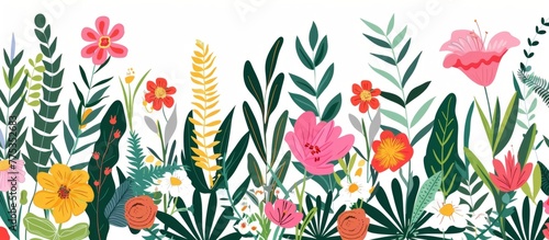 Tropical flowers and ferns, border pattern illustration in the style of minimalism, white background Generative AI