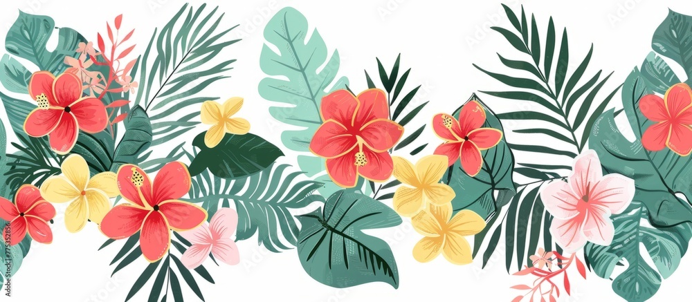 Hand drawn illustration of tropical floral garland border white background Generative AI Hand drawn illustration of tropical floral garland border white background Generative AI
