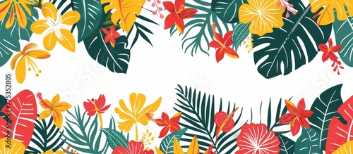 Tropical floral border, pattern with exotic leaves and flowers in red green yellow pink orange palette on white background Generative AI