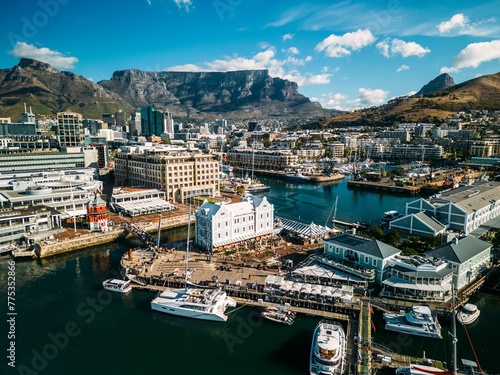Busy day at the VA Waterfront, seen from above with Table Mountain and downtown Cape Town in the background