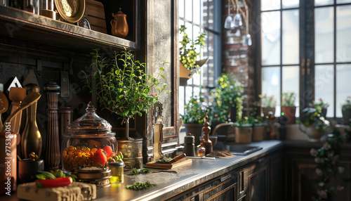 Rustic Kitchen with Large Windows, Greenery, and Natural Light