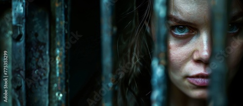A woman gazing through a window with bars photo