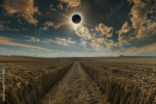 Total Solar Eclipse Over Wheat Field with Path Leading to Horizon