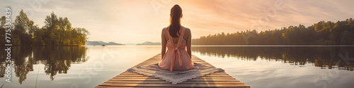 Young woman from rear side meditating by the lake in summer sunnset. Practicing mindfulness and meditation in a peaceful nature. photo