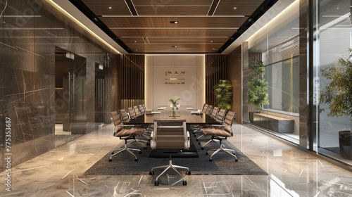 Spooky atmosphere: interior of meeting room in modern office with creepy crosses adorning walls, eerie workplace concept for halloween or horror themes, business interior design