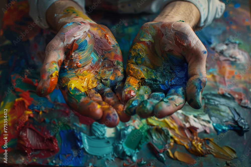 Two hands holding paintbrushes with colorful paint on them