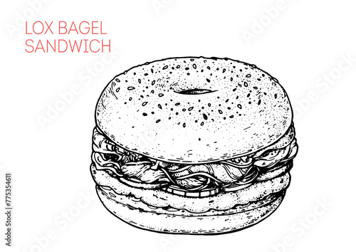 Lox bagel sandwich sketch. Hand drawn vector illustration.