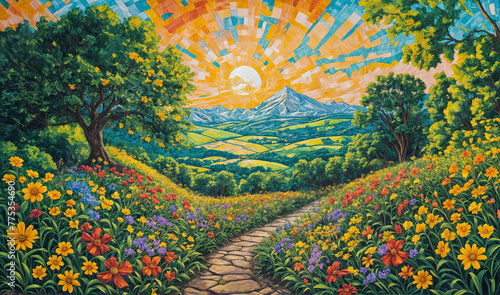 Landscape painting capturing the tranquil beauty of nature at sunrise depicting a variety of flowers, lush greenery and a majestic mountain with the sun rays lighting up the sky