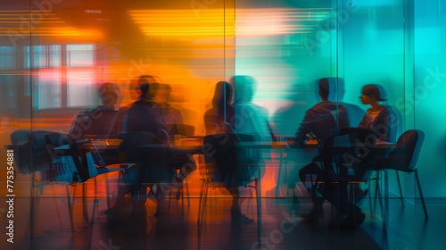 Dynamic business minds: long exposure shot capturing collaboration and strategy in a meeting room, illustrating the essence of corporate vision and teamwork