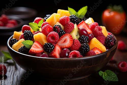 Yummy fruit salad  Close-up of a colorful bowl filled with fresh and juicy fruits. A delightful treat for your taste buds 