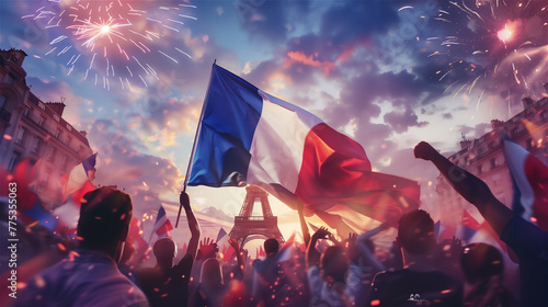 Crowd of people holding flag of France. photo