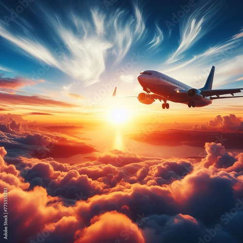 Commercial airplane soars above sunset-lit clouds, embodying swift travel for both leisure and business. A captivating scene evoking the essence of holidays and expedient journeys.