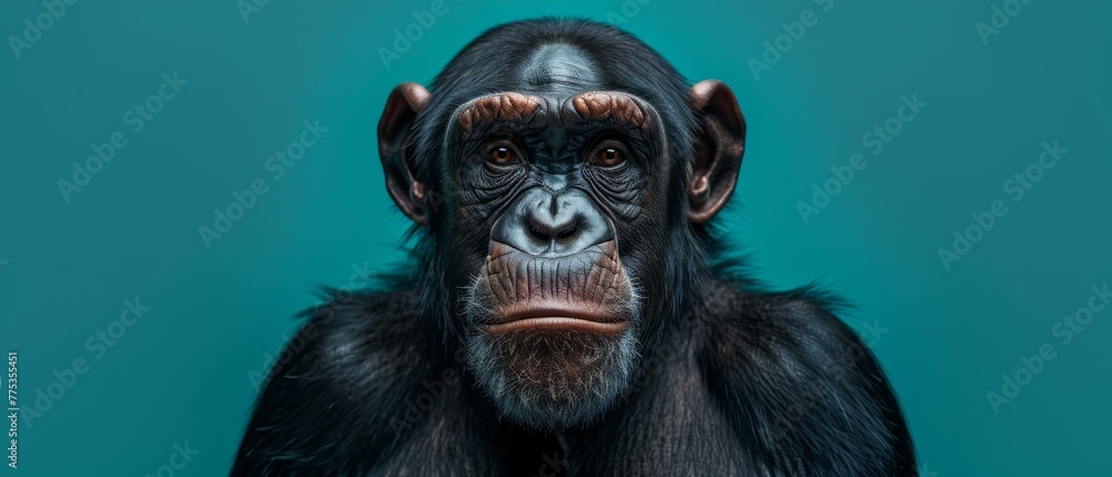  Close-up of a chimpan's face with a serious expression, set against a blue backdrop