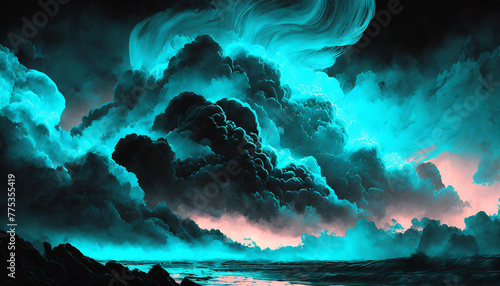 Beautiful fluffy clouds in neon blue and black colors. Abstract art. Fantasy background.