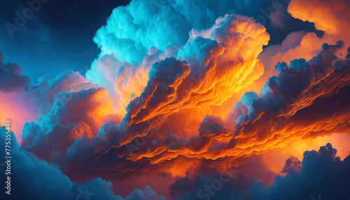 Beautiful fluffy clouds in neon blue and orange colors. Abstract art. Fantasy background.