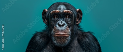   Close-up of a chimpan's face with a serious expression, set against a blue backdrop © Anna