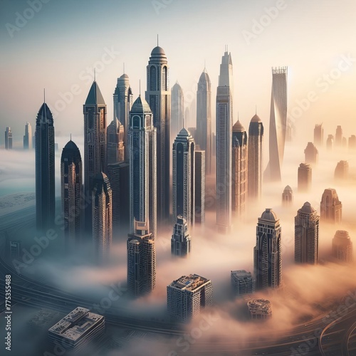 Downtown Dubai veiled in thick morning fog  its skyscrapers rising into the early light. A striking view captures the city s allure amidst nature s misty embrace