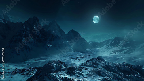 ethereal beauty of moonlight casting shadows over rugged mountain terrain