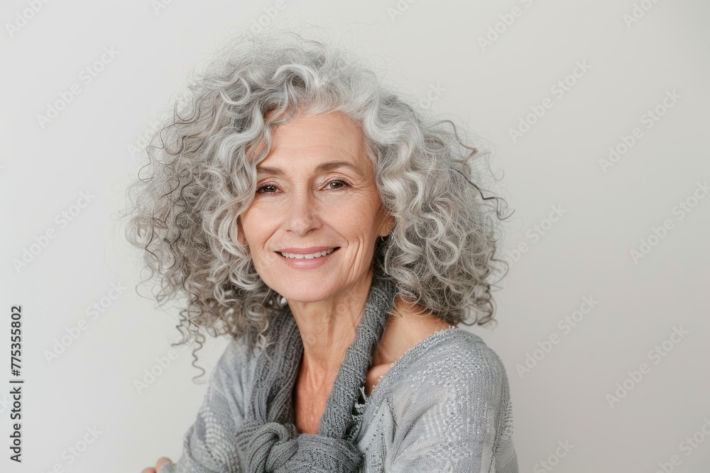 Portrait of smiling beautiful old woman with curly gray hair in dynamic motion Isolated on solid white background Portrait of smiling beautiful old woman with curly gray hair in dynamic motion Isolated on solid white background