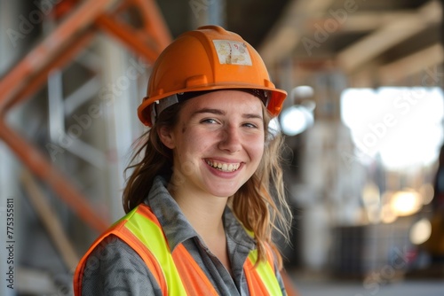 smiling female building engineer construction worker technician architect on site wearing safety helmet hard hat © Anna