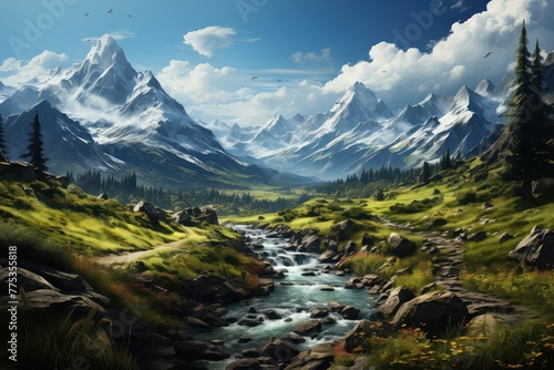 breathtaking mountain landscape unfolds  with majestic peaks reaching towards the sky. The rugged terrain  adorned with lush greenery and perhaps a dusting of snow 