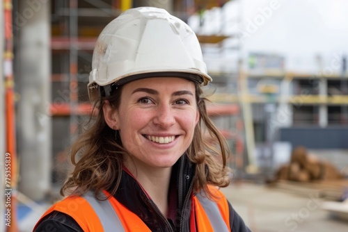 smiling female building engineer construction worker technician architect on site wearing safety helmet hard hat