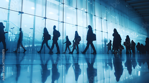 silhouette of formal people walking on blue background