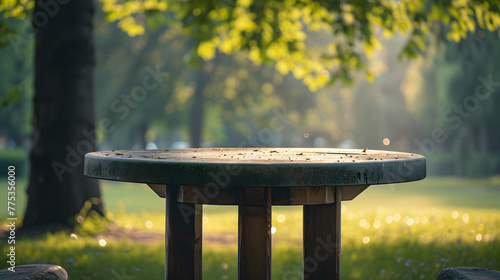 wooden table in the middle of the forest.