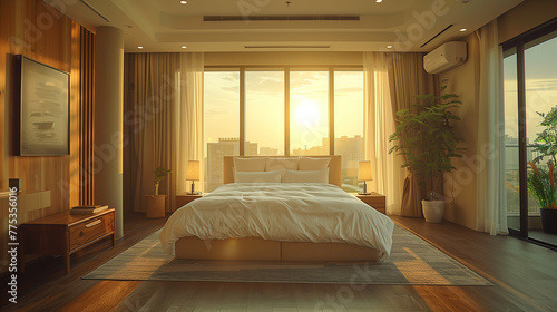 Design of the interior. Stylish bedroom in beige calm color © lisssbetha